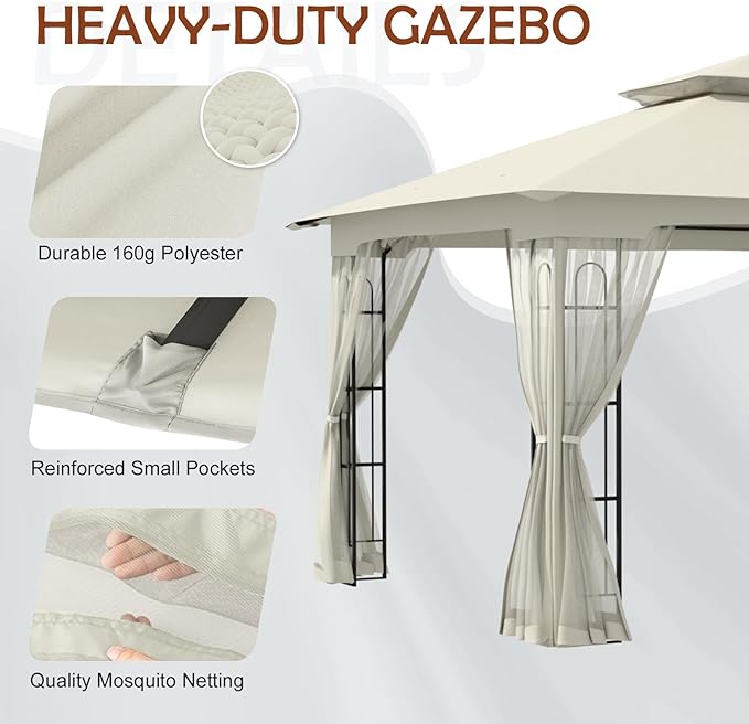 COOS BAY 10x12 Outdoor Patio Gazebo with Netting, Two-Tier Soft Top Canopy for Backyard, Lawn, Deck and Garden, Beige