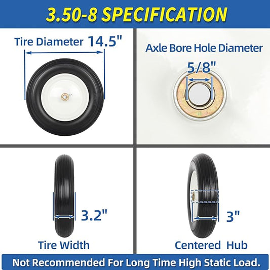 14.5" Wheelbarrow Flat Free Tire, Fits 4.80/4.00-8, 3.50/2.50-8, 4.00-6, 4.00-8, Wheelbarrow Wheels, 5/8" Bearing with Extra 3/4" Bearing, 3" -6" Centered Hub