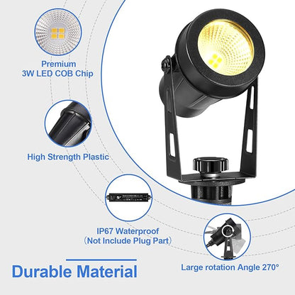 Low Voltage Landscape Lights 4 Pack, 49ft Cable Spotlight Outdoor with 12V Transformer, IP65 Waterproof Plug in Spot Lights 2700K Warm White for Yard, Plant, Lawn, Tree, Flags, Garden