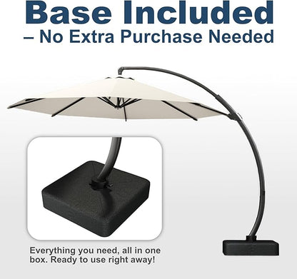 11FT Cantilever Umbrella with Base Large Curvy Outdoor Aluminum Offset Umbrella w/ 360° Rotation, UV Resistant Canopy for Patio, Garden, Backyard, Creamy White