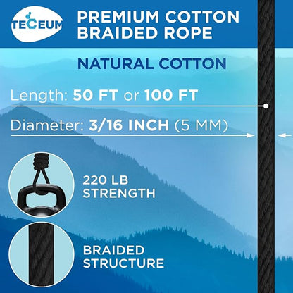 TECEUM 500lb Cotton Rope 3/16” (5 mm) – 50 FT | 100 FT – Strong All-Purpose Braided Rope – Natural Cotton – for Crafting, Сamping, Clothes Line, DIY, Indoor & Outdoor Use – Black