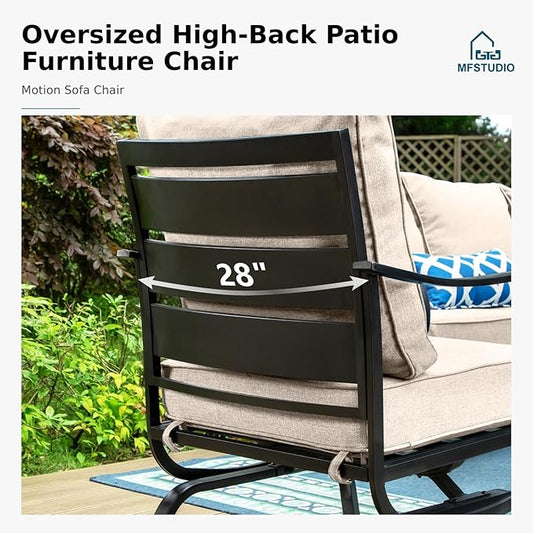 MFSTUDIO Metal Patio Conversation Sets, Outdoor Furniture Sofas Set of 2, 2 Pieces Durable Steel Frame Patio Rocking Chairs with 5.8" Beige Cushions for Patio Garden Backyard Balcony