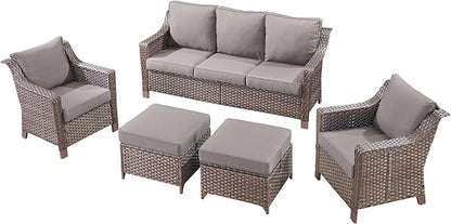5 Pieces Wicker Patio Furniture Set-Outdoor High Back Sofa with Rattan Wicker Chairs Outdoor Furniture for Porch Garden Backyard Poolside-Brown/Grey