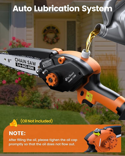 Mini Chainsaw Cordless, 8 inch & 6 inch Electric Chain Saw with 2 Pack Rechargeable Batteries, Battery Powered Handheld Saw Gardening Tools for Trees Branches Trimming Wood Cutting, Orange