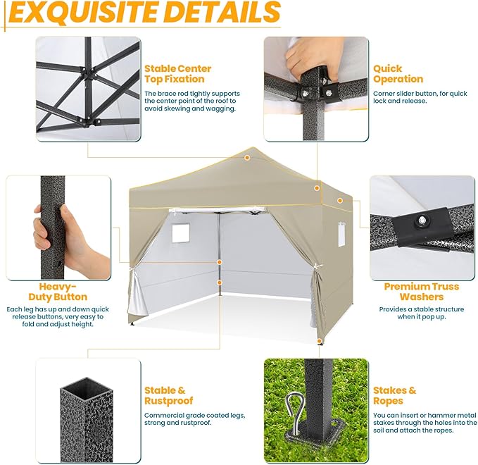 COBIZI 10x10 Pop Up Canopy Tent, Easy Setup Canopy with Sidewalls Waterproof & UPF 50+, Heavy Duty Commercial Instant Craft Fair Tent for Party, Event, Vendor, Farmer Market(Khaki)