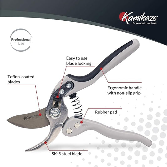 Kamikaze Pruning Shears, Professional Heavy Duty Handheld Clippers with Japanese Steel Titanium Blade, 1" Cutting Capacity, Ergonomic Handle Reduces Fatigue & Boosts Efficiency – Arthritis-Friendly
