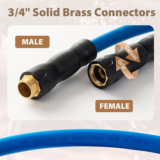 5/8" Hot/Cold Water Hose 75ft, -50℉ To 190℉ Heavy Duty,Flexible,Burst 600 Psi 3/4" Brass Fittings with Swivel Grip Handle for Outdoor,Yard, Farm, Blue