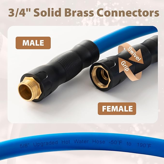 5/8" Hot/Cold Water Hose 5ft, -50℉ To 190℉ Heavy Duty,Flexible,Burst 600 Psi 3/4" Brass Fittings with Swivel Grip Handle for Outdoor,Yard, Farm, Blue