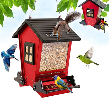 LSCQYYCCSquirrel Proof Bird Feeders for Outdoors Hanging, 5LB Capacity Metal Wild Birdfeeders Outside Hanging,Large Feeder That Attracts Cardinals, Chickadees, and More Birds-One in red ﻿