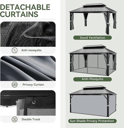 Aoxun 12FT X 16FT Hardtop Gazebo, Outdoor Pergolas with Mosquito Netting and Curtains, Galvanized Steel Double Roof Permanent Aluminum Gazebo, for Gardens, Decks, Patios, Parties, with Ground Nails