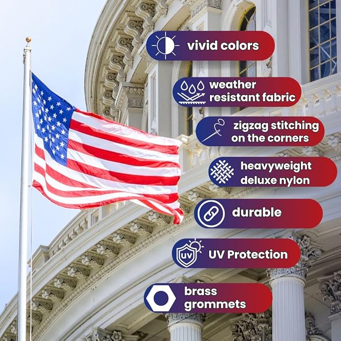 American Flag - Heavy-Duty US Flag - Embroidered Stars - Nylon USA Flag Built for Outdoors - Sewn Stripes - UV Protection - Brass Grommets (10x15 ft)
