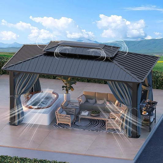 HOTEEL 10x15 Hardtop Gazebo with Flame-Retardant Curtain & Netting, Hot Tub Gazebo with Galvanized Steel Double Roof, Heavy Duty Permanent Pavilion Outdoor for Patio, Frame Thickened, Black(Upgraded)
