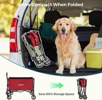 SUNNYFEEL Collapsible Wagon Cart with Wheels Foldable - 176lbs Standard Borderless Version Wagon Carts for Grocery Sports Garden Shopping Camping(Red, 164L)