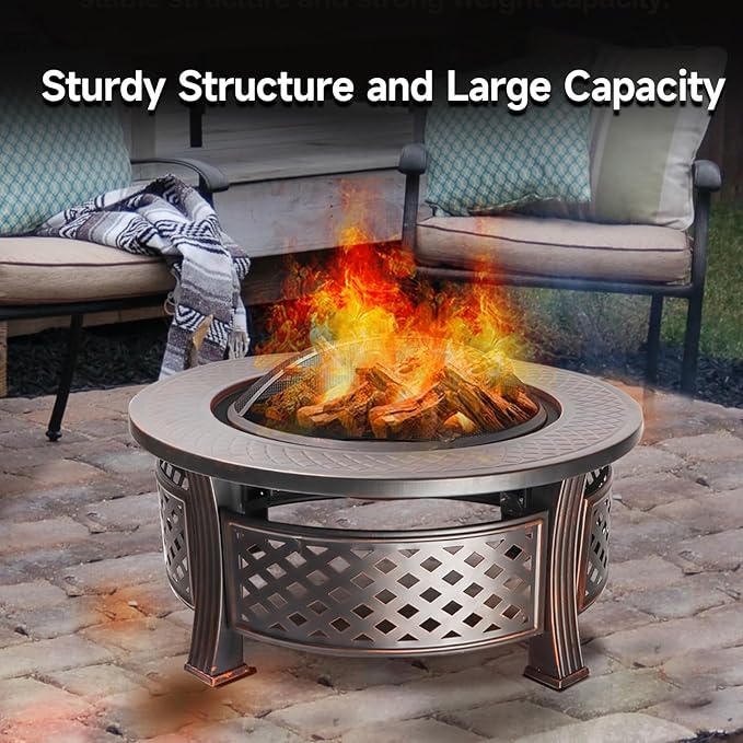 32-Inch Round Fire Pit Table, Metal Wood Burning Fireplace/Firepit with Fire Grate, Spark Screen Lid, Steel Bowl, Poker