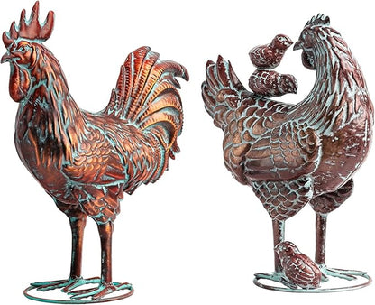 Metal Garden Chicken Sculpture Decor Antique Copper Rooster and Hen with Chicks Outdoor Statues Yard Art