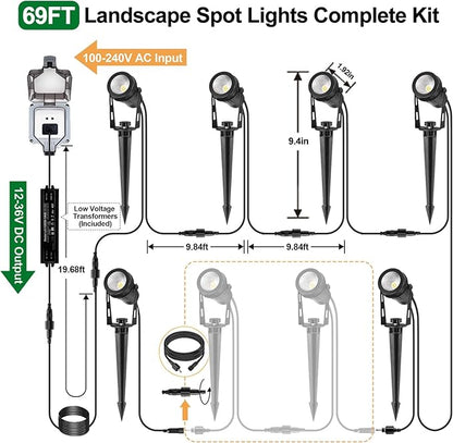 Low Voltage Landscape Lighting, 6 Pack Outdoor Spot Lights with Transformers, 12V Warm White Landscape Spotlights IP65 Waterproof Plug in Outdoor Uplights for Yard House Pathway Tree Pools