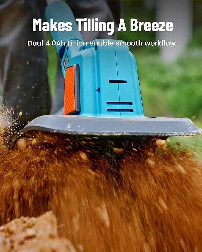 SEESII Electric Tiller for Gardening 300 RPM Rototiller Cordless Cultivator Total 8000mAh Battery Powered Garden Tiller 4 Pcs Blades for Smooth Tilling&Cleaning, Handheld Tiller for Raised Garden Beds