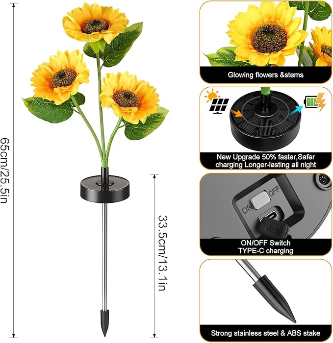 Solar Flowers Lights - Upgraded Outdoor Sunflowers Flowers Lights, Waterproof Outdoor Solar Lights for Garden, Patio, Backyard,Party and Office (Sunflowers, 4)