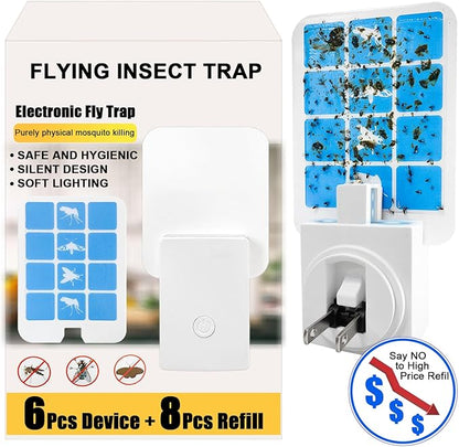 Plug in Indoor Fly Trap for Gnat Moth Houseflies Fruit Flies, Blue Light Bug Light Trap Compatible with Safer Home Indoor Fly Trap Refill, Mosquito Flying Insect Trap, 6 Device+8 Refill