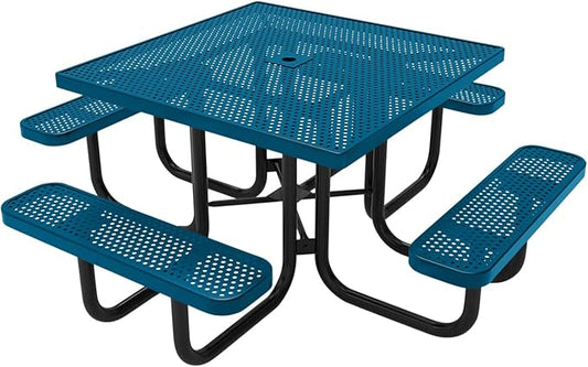 COATEDOUTDOORFURNITURE Heavy-Duty Portable Outdoor Picnic Table with Umbrella Hole, Punched Steel Commercial-Grade Patio Dining Furniture Made in America (46" Square Top, Light Blue)