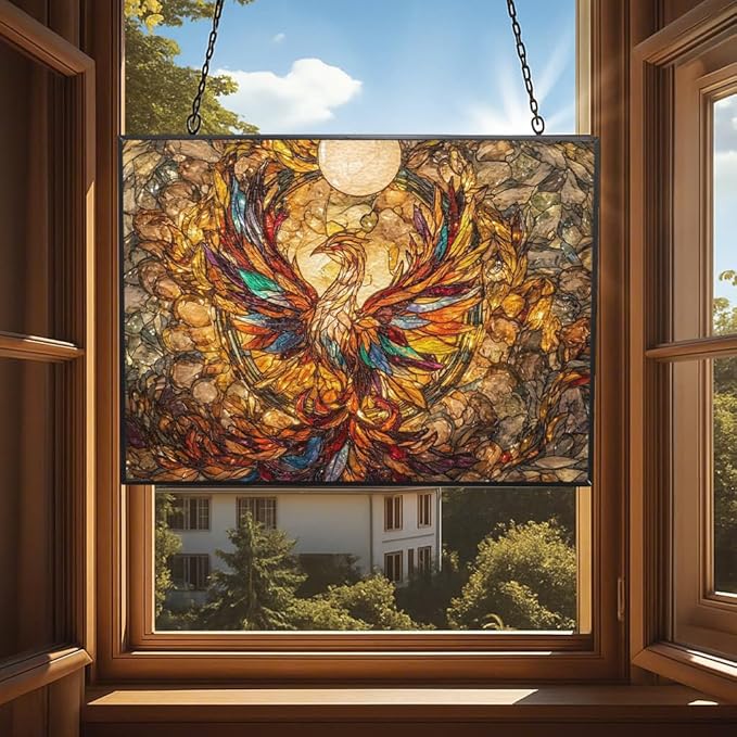 Customized Rectangle Mega Chicken Stained Glass Window Hanging Sun Catcher Halloween Haning Ornament Decoration Christmas Birthday Gifts for Lover Friends Mother