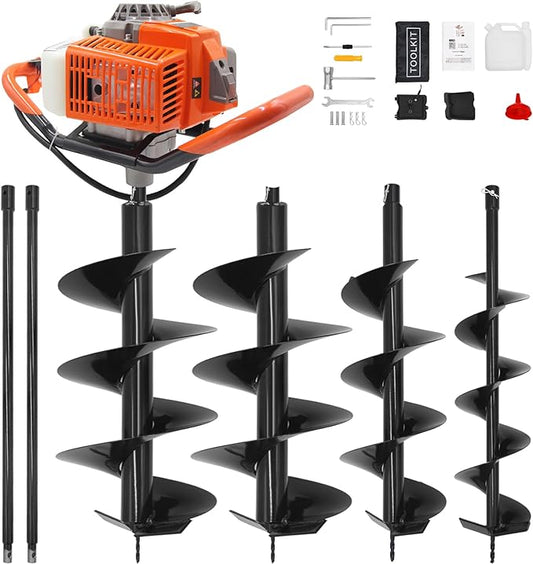 72CC Newly Upgraded Post Hole Digger Gas Powered, 2 Stroke Auger Post Hole Digger with 3 Drill Bits (4" &6" & 12") + 2 Extension Rod for Planting - Ideal for Farm & Garden