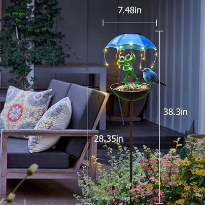 Solar Bird Feeder Frog Garden Decor, Outdoor Solar Lights Frog Figurine Lights with Umbrella, Hummingbird Feeder Decorative Path Lights Yard Art Ornament Bird Feeder (Frog)