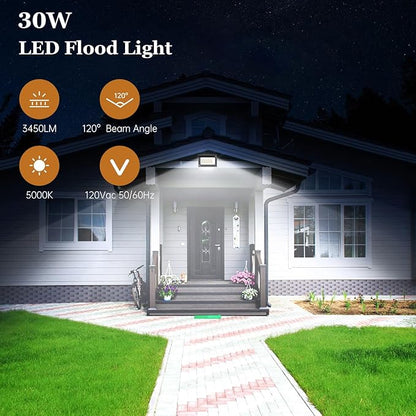 dephen 30W LED Flood Lights Outdoor with Bracket Mount, 3450Lumen 120V Security Lighting, 5000K IP65 Waterproof Wall Pack Floodlight for Garden Yard Patio Porch (UL-Listed)