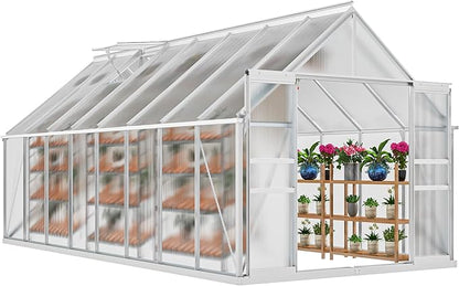 DWVO 16x8FT Polycarbonate Greenhouse Heavy Duty Green Houses Outdoor Aluminum Greenhouses with Sliding Doors Vent Window Premium Walk-in Greenhouse Large Sun House for Garden Backyard, Silver