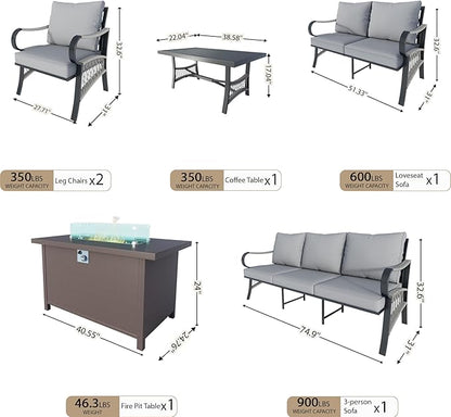 6 Pieces Patio Conversation Sets, All Weather Metal Outdoor Furniture Set, 3-Seater, 2 Single Chairs, 1 Loveseat, 1 Coffee Table, 1 Fire Pit Table for Backyard Garden Deck Porch Poolside, Gray