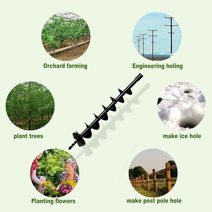 LONGRUN Earth Auger Drill Bit for Garden Fence Post, 4" x 31.5" Post Hole Auger, 0.79”(20mm) Inner Shaft Auger Bit for Planting Trees and Bedding, Bulbs, Seedlings, Gardening, Large Fencing Digger