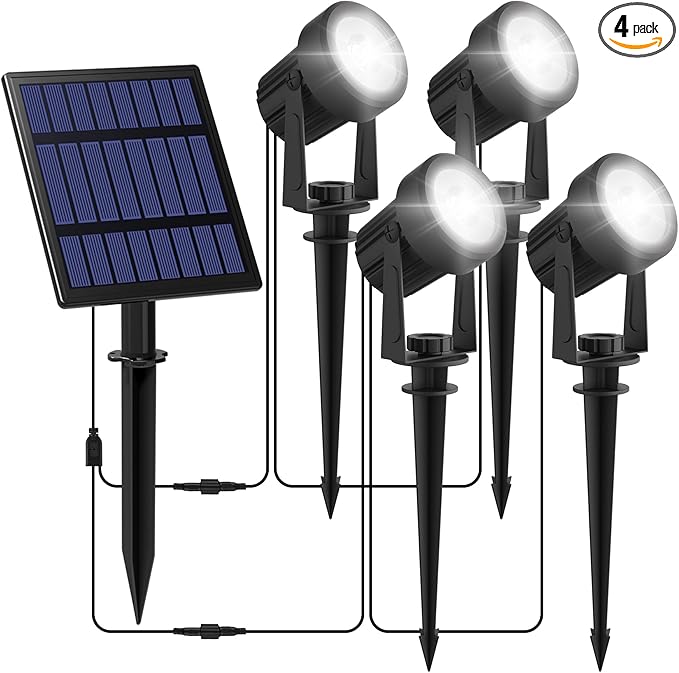 Solar Spot Lights Outdoor, 4-in-1 Solar Landscape Spotlight Waterproof 9.8ft Cable, 5W 3000mAh, Auto ON/Off Adjustable Wall Lights for Yard, Ground, Garden, Pool, Lawn (Cold White)