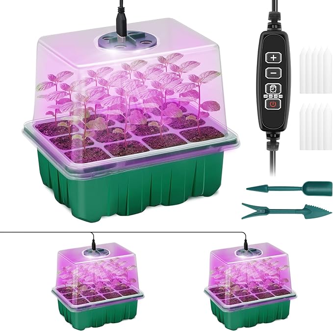 Seed Starter Tray with Plant Light, 2 Pack Grow Lights for Seed Starting Kit with Humidity Domes, Timing Controller Adjustable Brightness for Greenhouse Propagator Station Planting Growing