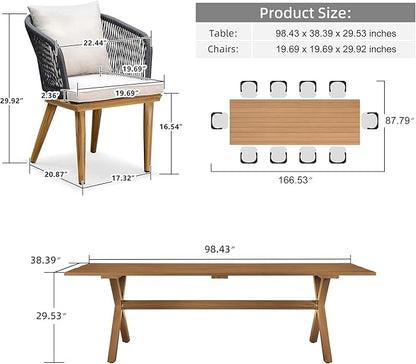 PURPLE LEAF 11 Pieces Patio Dining Set Wicker Outdoor Furniture Rectangular Table and Chairs Set for Garden Deck Teak-Finish Aluminum Frame Backyard Kitchen Set, Cushions and Pillows Included