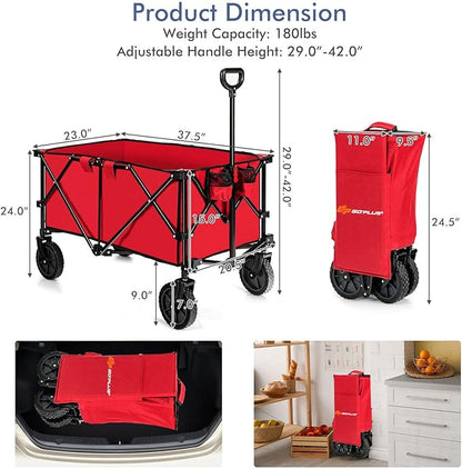Goplus Collapsible Wagon, Folding Utility Wagon Cart w/Universal Wheels & Adjustable Handle & Cover Bag, Grocery Wagon for Garden Shopping Camping (Red)