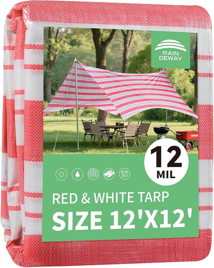 RAINDEWAY Tarps 12x12 Feet,12 Mil Sunshade Striped Tarp Waterproof,Multipurpose Poly Tarp Cover with Grommets and Reinforced Edges,Red/White Tarps