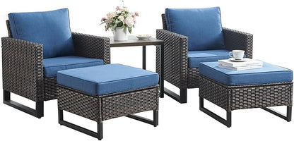 Rilyson Wicker Outdoor Patio Furniture Set - 5 Piece Patio Conversation Set with 2 Wicker Armrest Chairs,2 Rattan Ottoman and 1 Metal Side Table for Outside Porch Deck Backyard Garden(Brown/Blue)