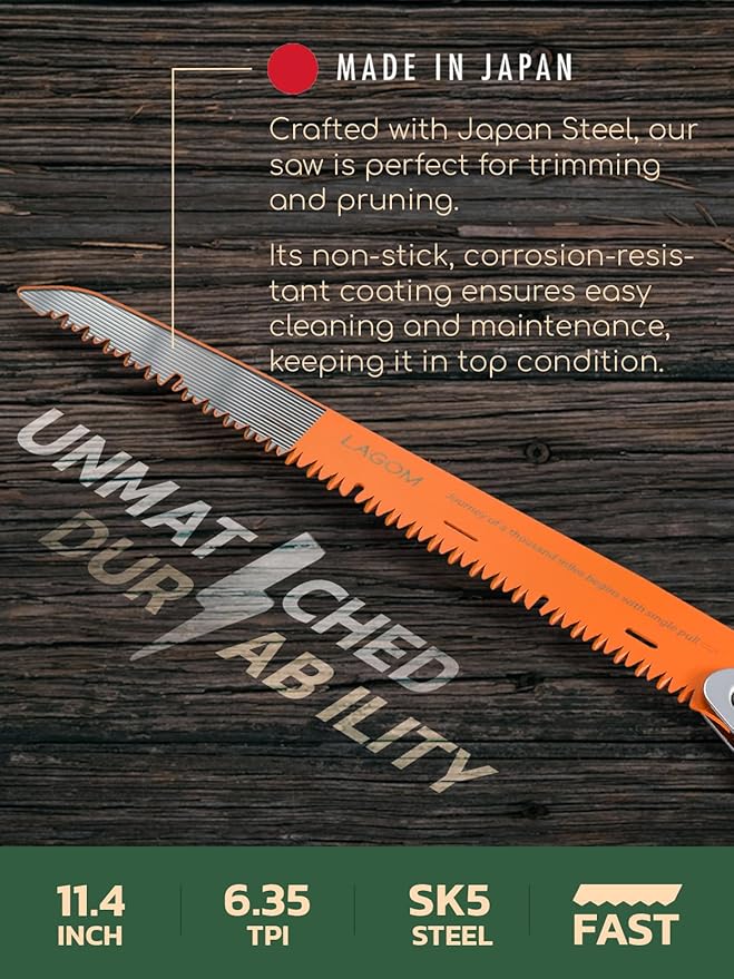 LAGOM Folding Camp Saw for Cutting Branches, 11.4" Straight Blade | SK5 Steel, Ergonomic Handle, One-Hand Use, Secure Lock | Foldable Pruning Tool for Camping, Gardening, Survival, Kayaking, Outdoors