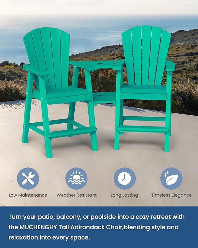 Ciokea Tall Adirondack Chairs Set of 2, HDPE Outdoor Adirondack Bar Stools with Double Connecting Tray, Weather Resistant High Back Adirondack Balcony Chairs for Deck, Lawn, Pool, Backyard, Lake Blue