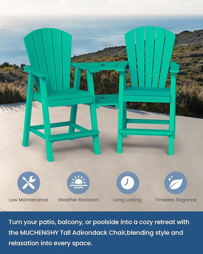 Ciokea Tall Adirondack Chairs Set of 2, HDPE Outdoor Adirondack Bar Stools with Double Connecting Tray, Weather Resistant High Back Adirondack Balcony Chairs for Deck, Lawn, Pool, Backyard, Lake Blue