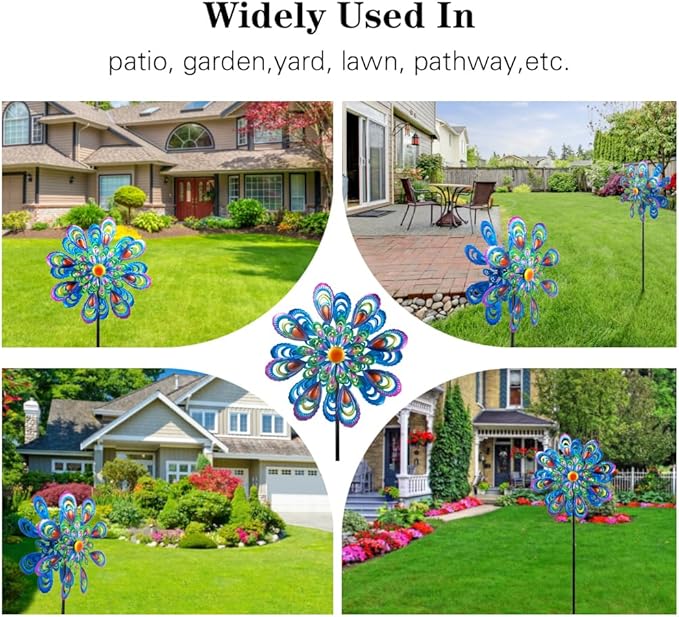 Peacock Wind Spinner, 21" Dia Large Kinetic Wind Sculptures & Spinners Outdoor, 68 Inch Tall Metal Windmill for Garden Yard Decor