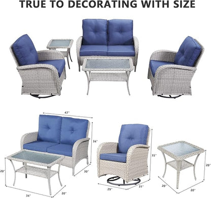 HUMMUH 5-Piece Patio Furniture Wicker Outdoor Conversation Set,All-Weather Rattan Swivel Chairs Bistro Set with Loveseat Coffee Table for Backyard,Poolside,Deck(Grey/Blue)