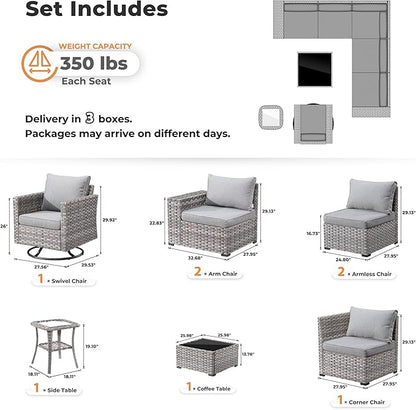 ovios 8 Pieces Patio Furniture Set, Outdoor Wicker Sectional Sofa with Swivel Chair Coffee Table, Modern Modular Deep Seat Rattan Couch Conversation Sets, Dark Grey