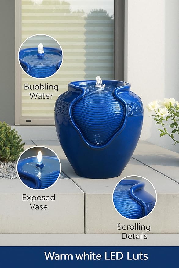 Teamson Home Outdoor Water Fountain, Glazed Pot Ceramic Look with LED Lights & Pump, Royal Blue, 16.93” Patio Garden Water Feature, Cascading Zen Fountain for Backyard, Porch, Deck, Home Decor