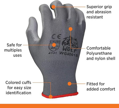 WOLF Polyurethane Palm Coated Nylon Shell Work Gloves, Construction, Mechanic, Warehouse, Yard Work, Gardening