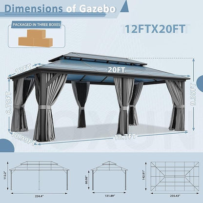 Aoxun 12'x20' Hardtop Gazebo, Aluminum Frame Permanent Pavilion with Curtains and Netting, Outdoor Polycarbonate Double Roof Canopy, Designed for Patio, Garden, Lawns, Gray
