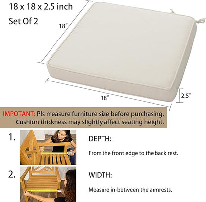 Magpie Fabrics Indoor Outdoor Waterproof Square Chair Cushion, 18 x 18 x 2.5 Inch, 2 Pack, Water Resistant Seat Cushions, for Patio Garden Office, Cream