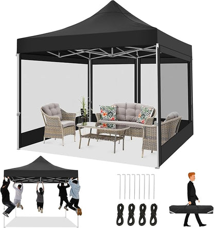 COBIZI 10x10 Heavy Duty Pop Up Canopy with 4 Mosquito Netting Wall, Easy Set Up Commercial Gazebo Party Tent, Outdoor Instant Screen Canopy for Backyard, Patio, Garden, Black