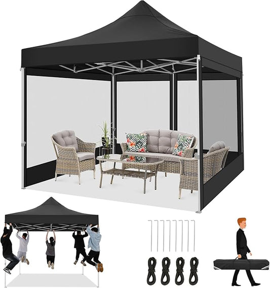 COBIZI 10x10 Heavy Duty Pop Up Canopy with 4 Mosquito Netting Wall, Easy Set Up Commercial Gazebo Party Tent, Outdoor Instant Screen Canopy for Backyard, Patio, Garden, Black