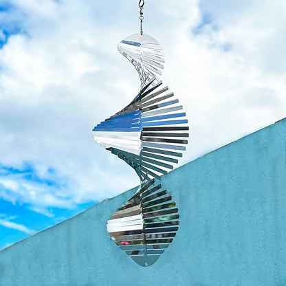 Hanging Wind Spinners,3D Spiral Highly Reflective Stainless Steel Metal Wind Spinner Outdoor Garden Decor,Decorations to Scare Away Yard Birds 13.8in